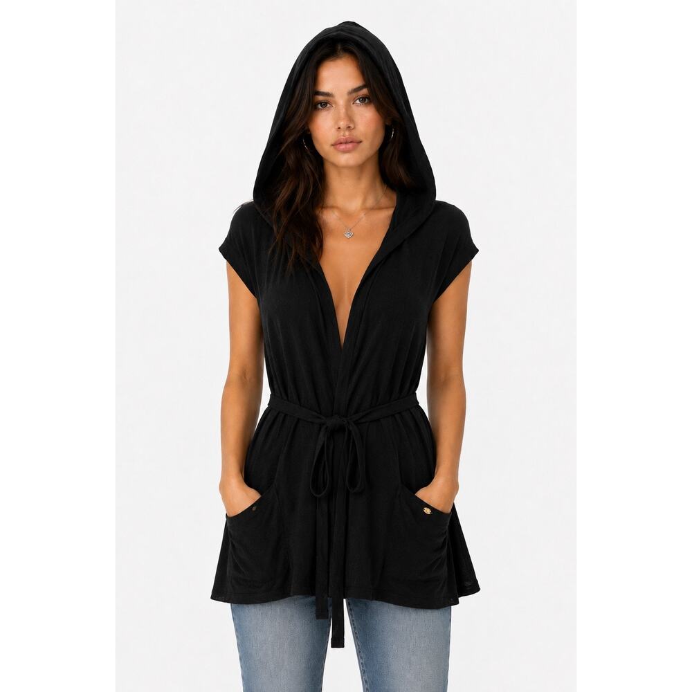 Late 2000s Y2K Juicy Couture Black Terry Hooded Cardigan Petite XS